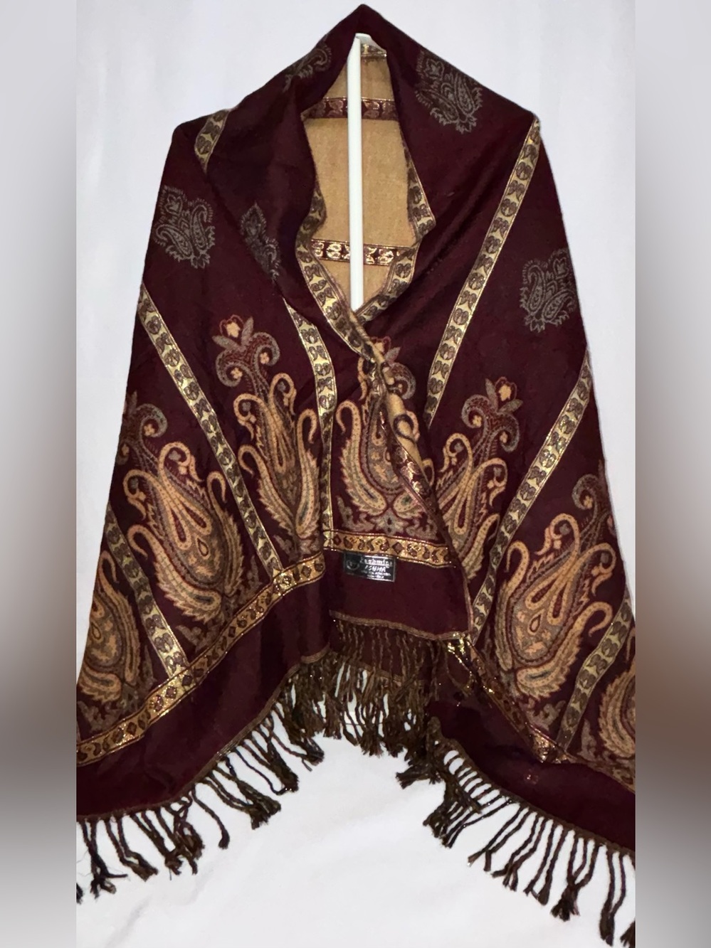 Pashmina ASHMA Wool Blend Reversible Paisley Scarf Wrap Burgundy Gold Fringe